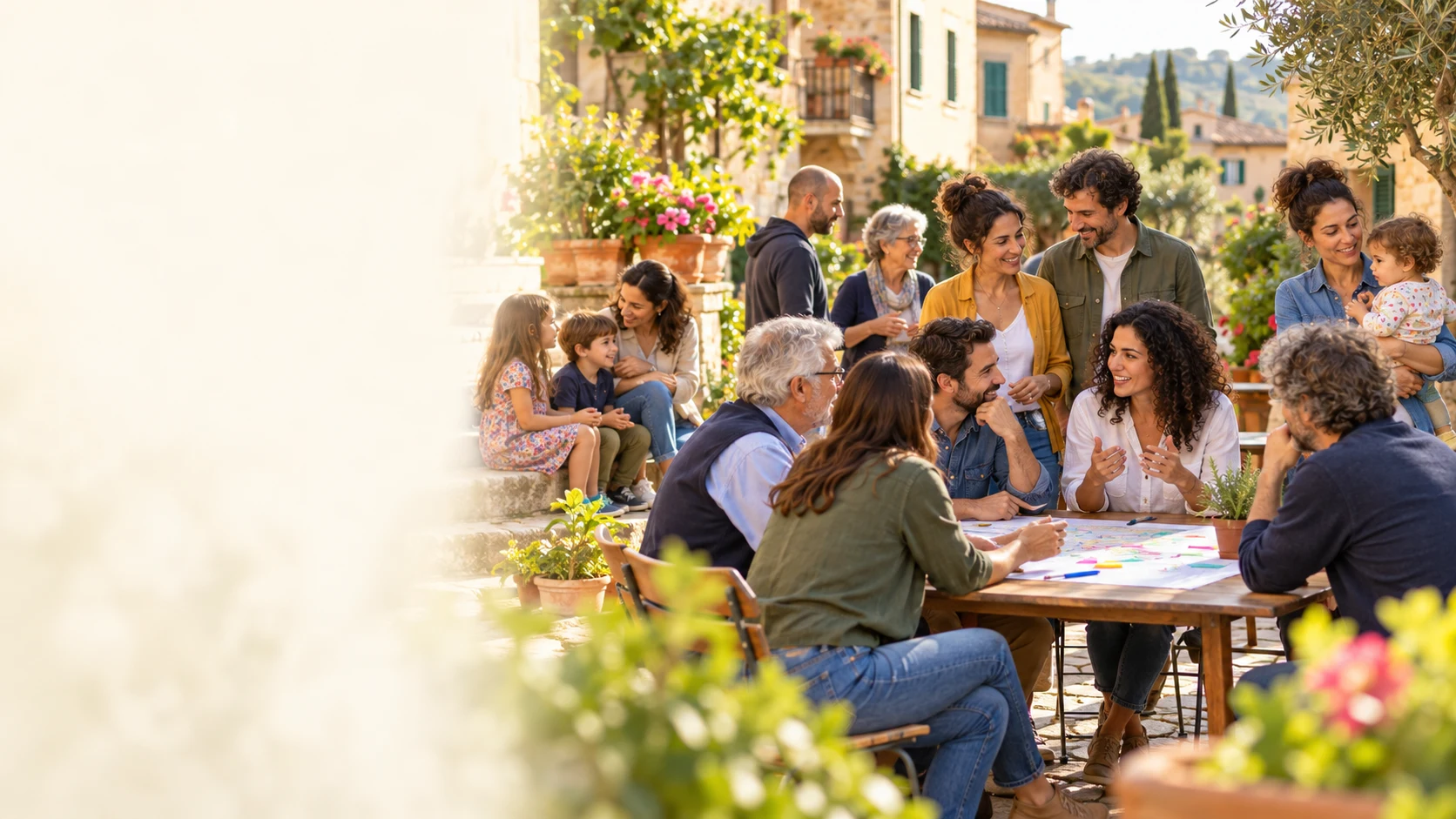 Immagine illustrativa di famiglie sorridenti riunite attorno a un tavolo, in un giardino luminoso
